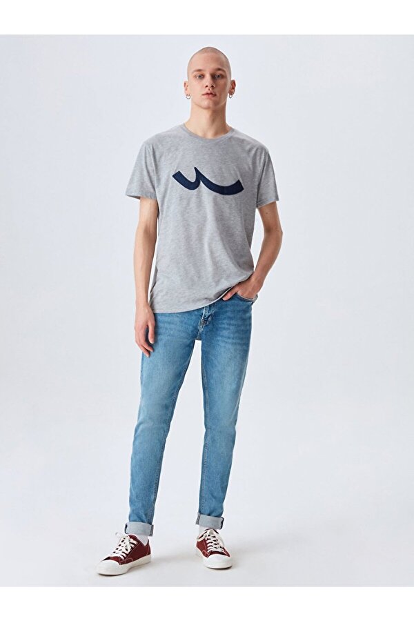 Bisiklet Yaka  Logolu Gri T-shırt