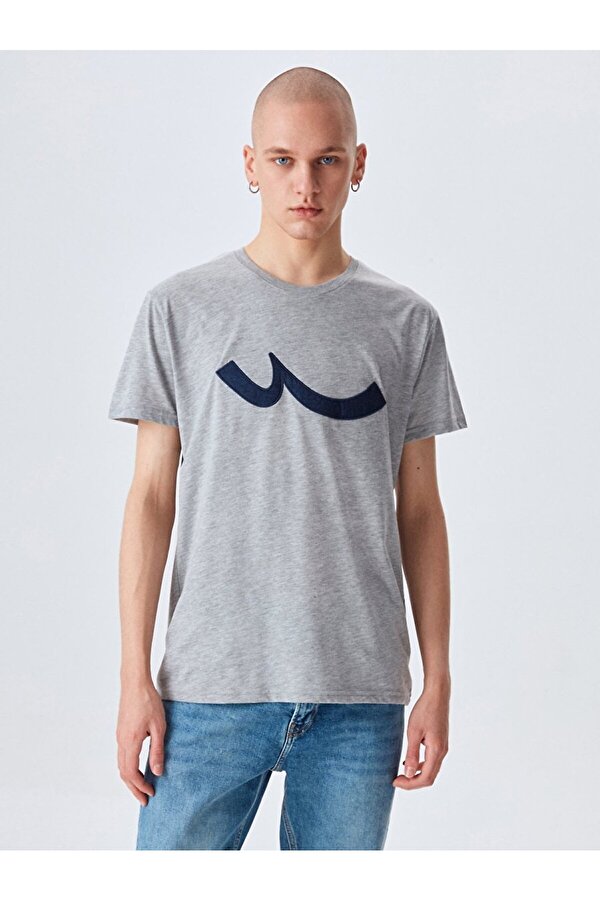 Bisiklet Yaka  Logolu Gri T-shırt