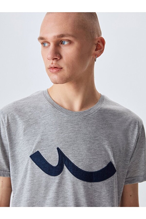 Bisiklet Yaka  Logolu Gri T-shırt