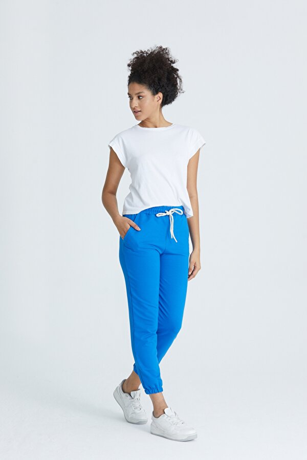 Kadın Basic 2 İplik Likralı Regular Fit Paçası Lastikli Saks Eşofman Altı