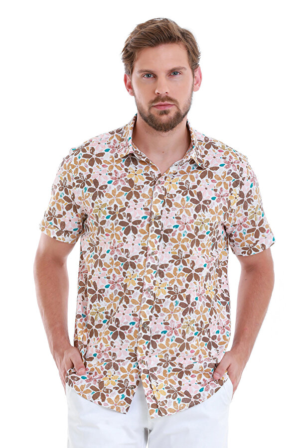 Kahverengi Comfort Fit Baskılı 100% Pamuk Slim Yaka Kısa Kollu Gömlek