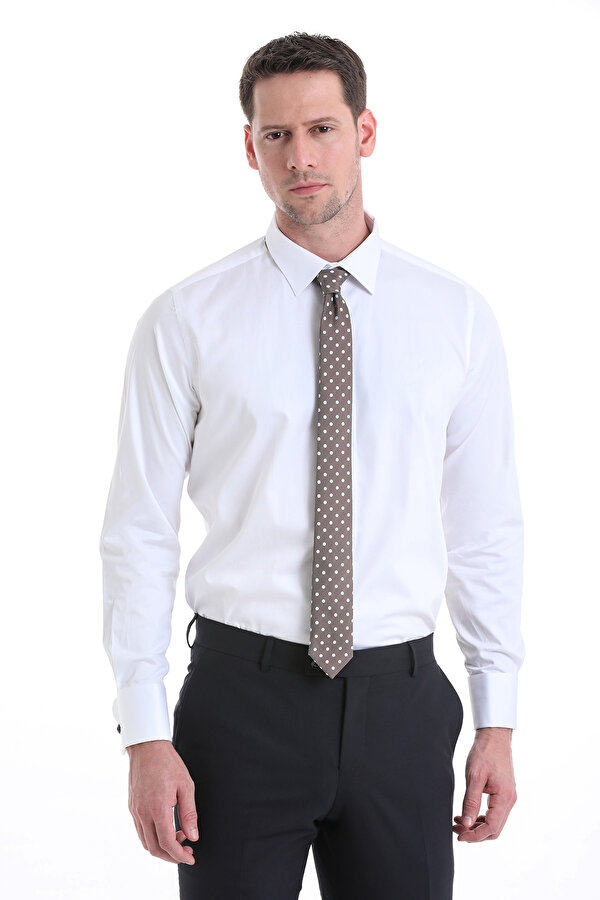 Beyaz Comfort Fit Düz 100% Pamuklu Slim Yaka Manşetli Uzun Kollu Saten Klasik Gömlek
