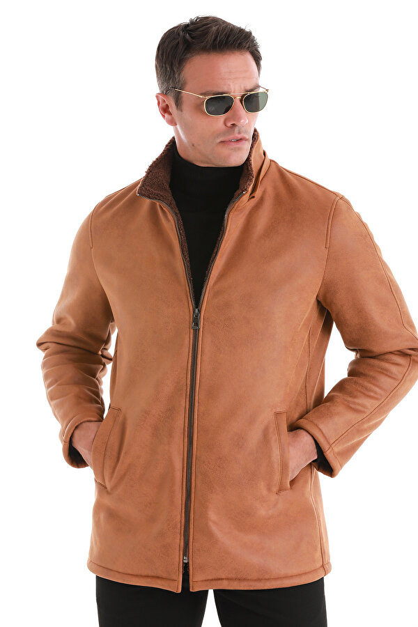Kahverengi Slim Fit Hakim Yaka Kapüşonlu Basic Deri Kaban