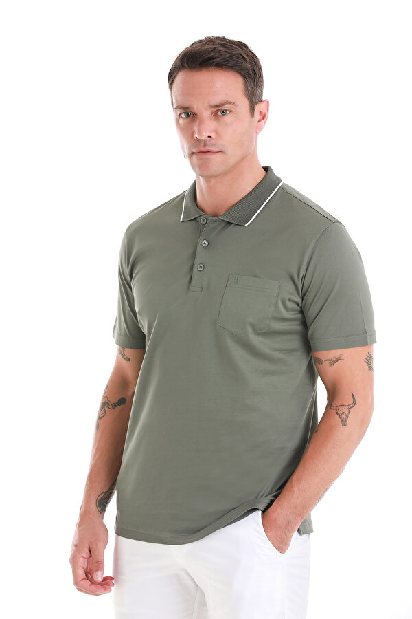 Haki Regular Fit Düz  Merserize Polo Yaka 100% Pamuk Tişört