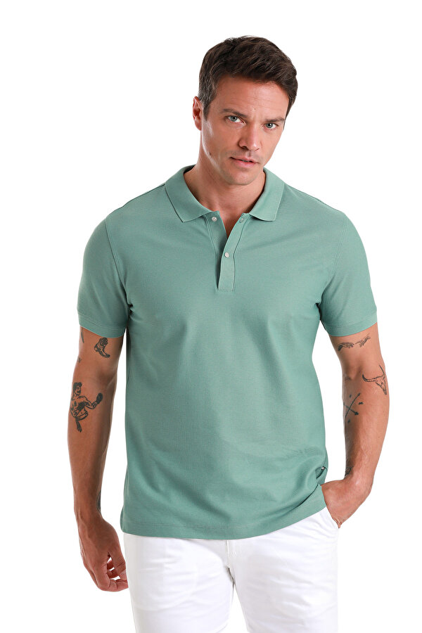 Yeşil Regular Fit Düz Merserize Polo Yaka 100% Pamuk Tişört