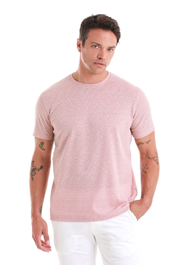 Pembe Regular Fit Jakarlı Bisiklet Yaka Keten Tişört
