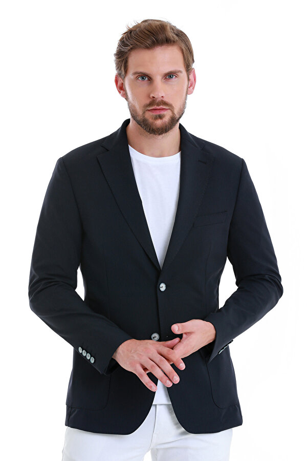 Lacivert Slim Fit Çizgili Mono Yaka Casual Ceket