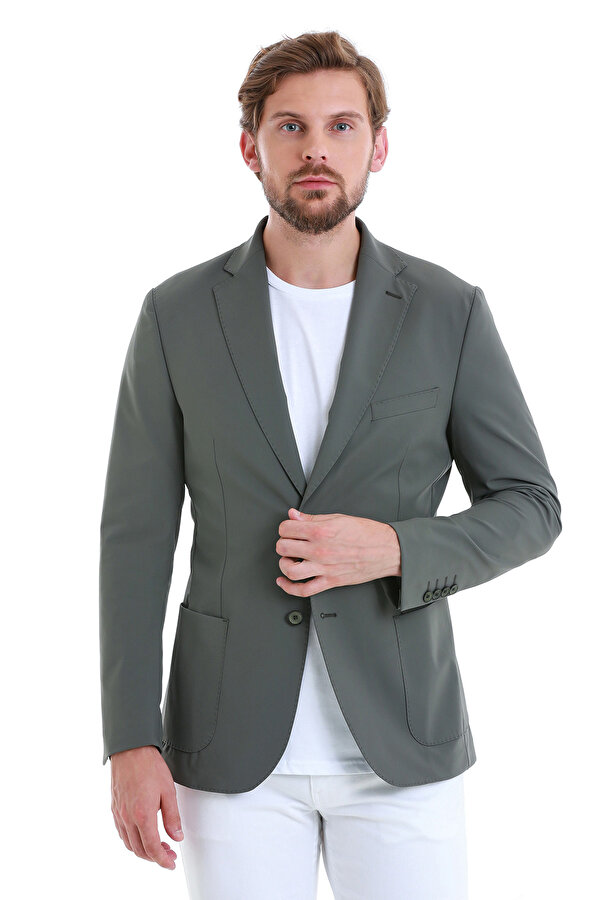 Haki Slim Fit Çizgili Mono Yaka Casual Ceket