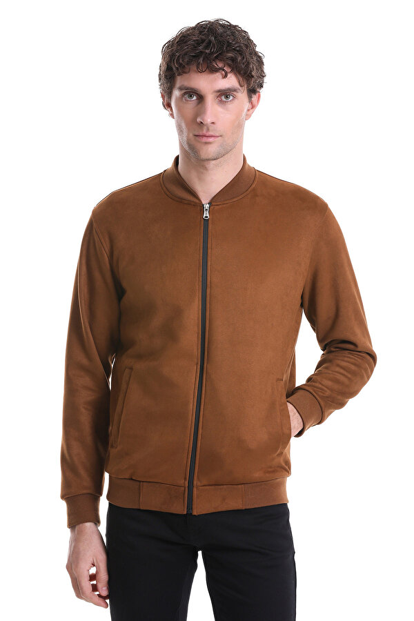 Kahverengi Regular Fit Düz Bomber Yaka Mevsimlik Mont