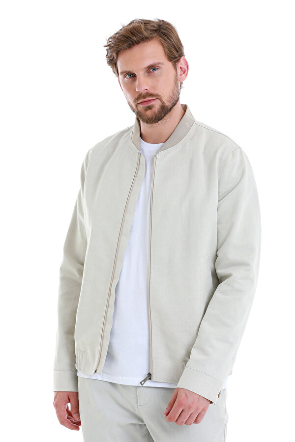 Bej Slim Fit Çizgili Dik Yaka Basic Mevsimlik Mont