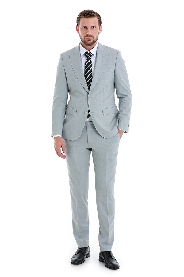 Gri Slim Fit Çizgili Sivri Yaka Klasik Takım Elbise