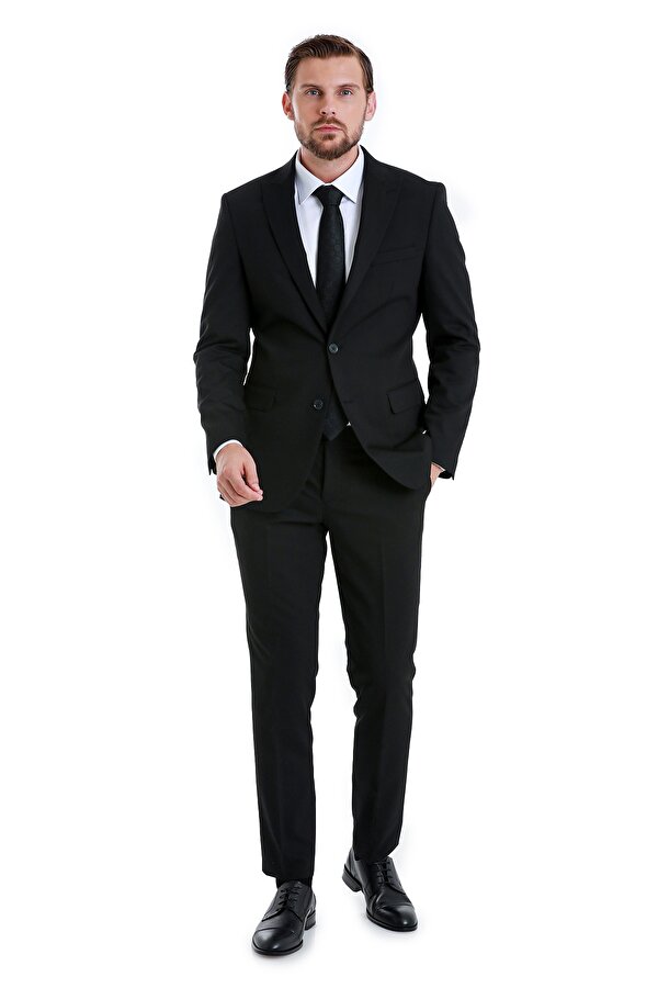 Siyah Slim Fit Düz Sivri Yaka Klasik Takım Elbise
