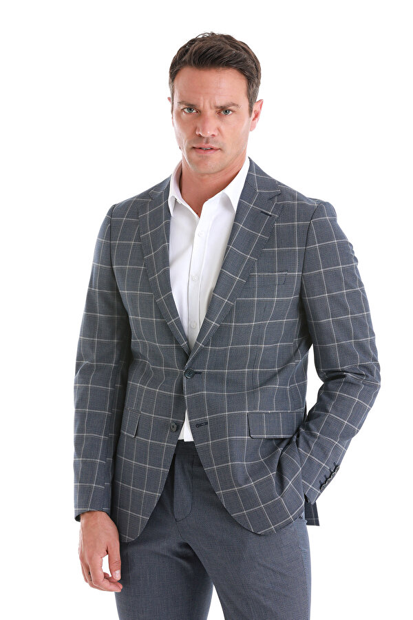 Lacivert Slim Fit Çizgili Mono Yaka Takım Elbise
