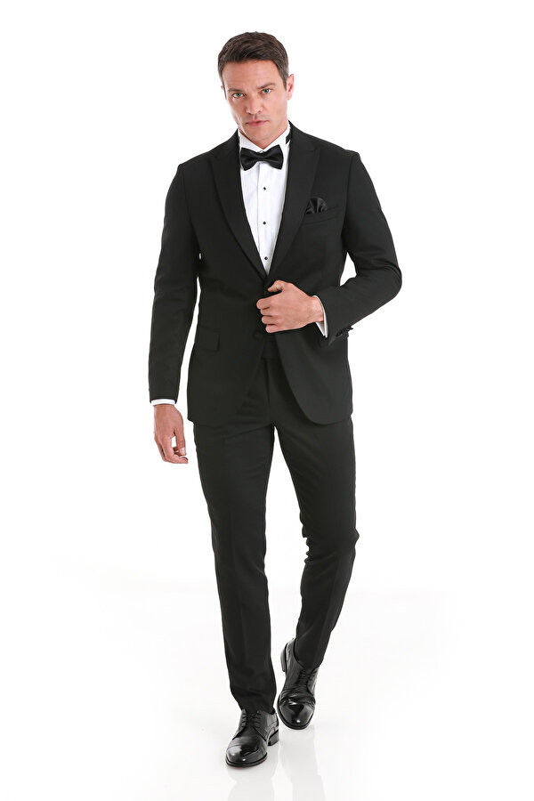 Siyah Slim Fit Desenli Çıkma Sivri Yaka Klasik Damatlık