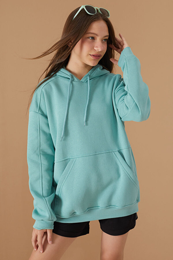 Kız Çocuk Mint Şardonlu Kapüşonlu Sweatshirt 19188