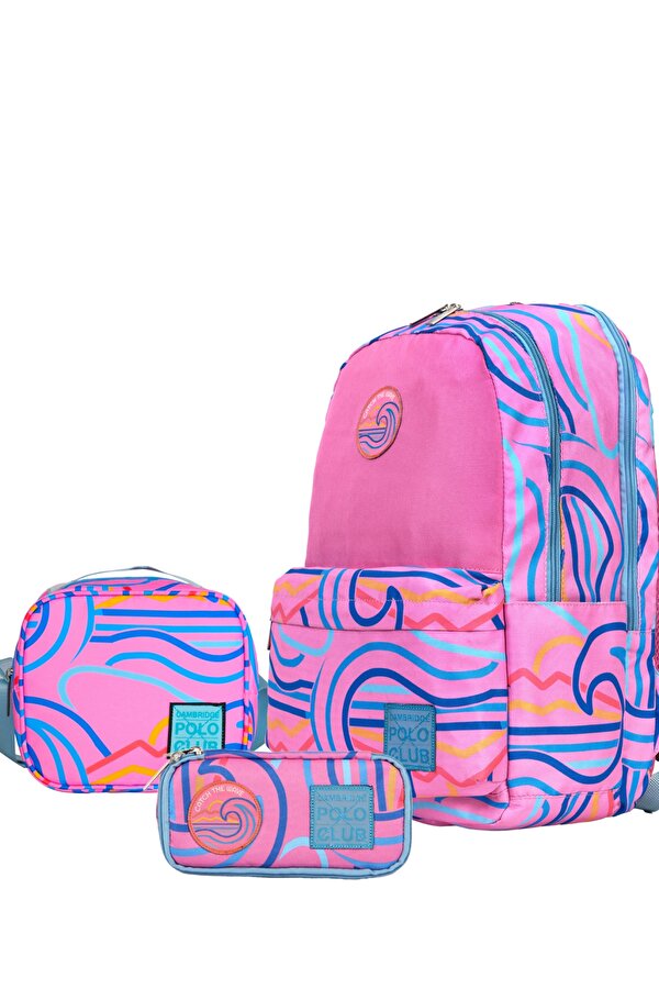 Wave Çift Ana Bölmeli Unisex Çocuk İlkokul Çanta Set Pembe