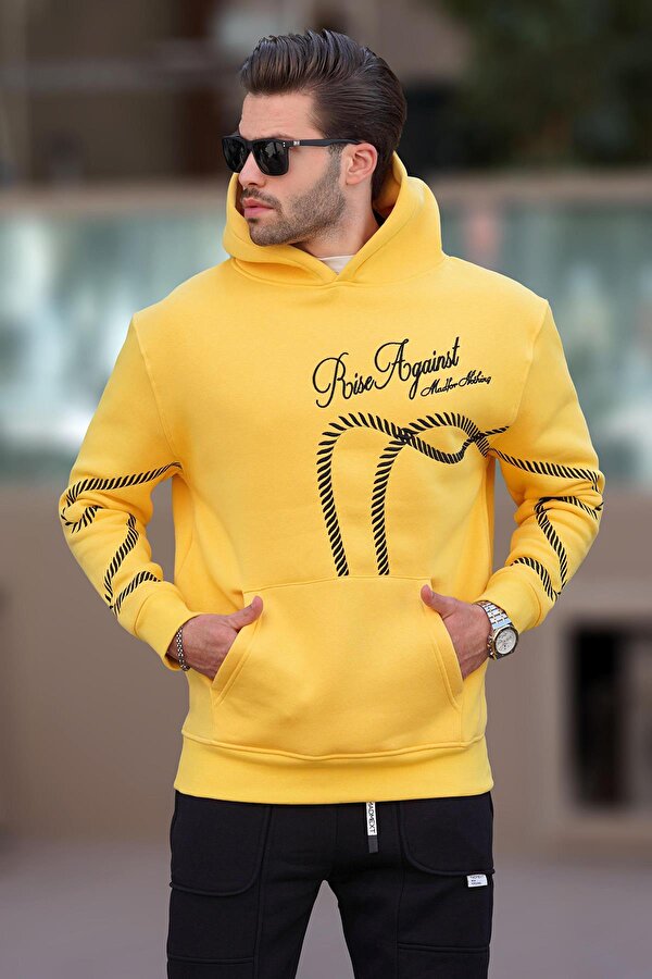 Sarı Baskılı Kapşonlu Cep Detaylı Erkek Sweatshirt 7067