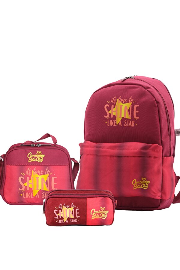 Star Çift Ana Bölmeli Unisex Çocuk İlkokul Çanta Set BORDO