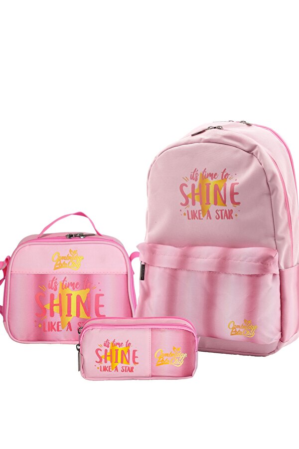 Star Çift Ana Bölmeli Unisex Çocuk İlkokul Çanta Set Pembe