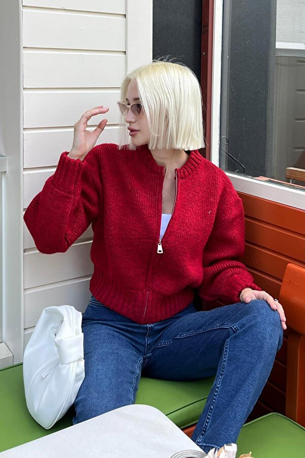 Kırmızı Fermuarlı Uzun Kollu Triko Hırka MG2061
