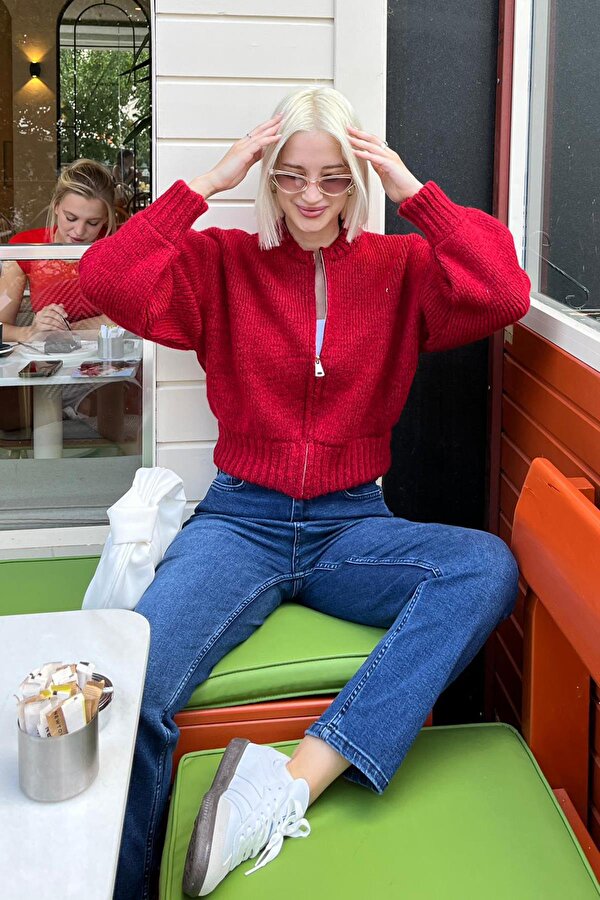 Kırmızı Fermuarlı Uzun Kollu Triko Hırka MG2061