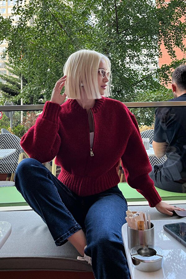 Kırmızı Fermuarlı Uzun Kollu Triko Hırka MG2061