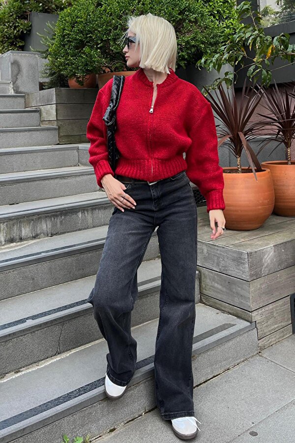 Kırmızı Fermuarlı Uzun Kollu Triko Hırka MG2061