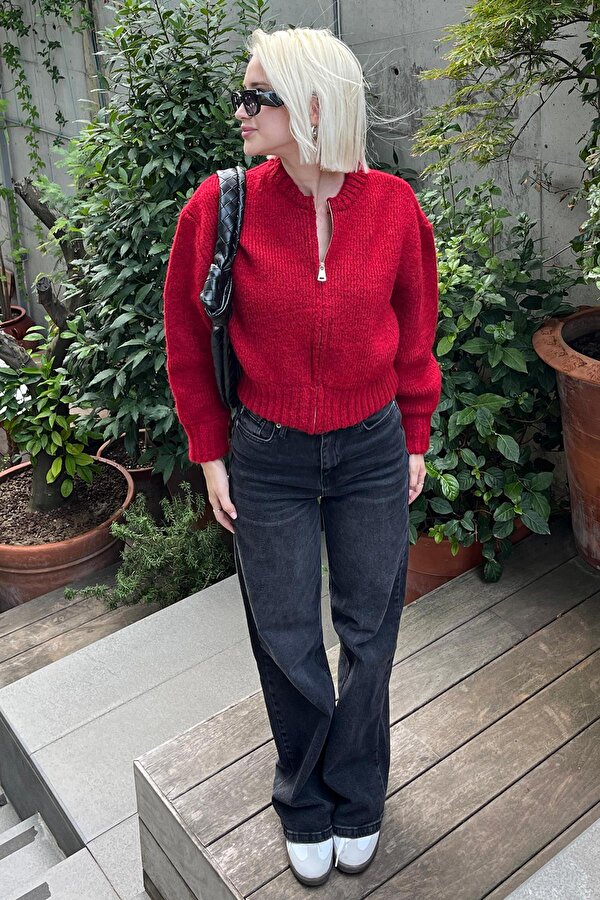 Kırmızı Fermuarlı Uzun Kollu Triko Hırka MG2061