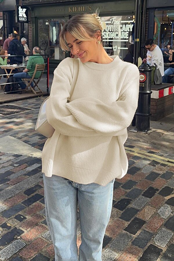 Ekru Bisiklet Yaka Oversize Triko Kazak MG1972