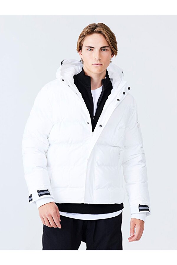 Şişme Kontrast Şeritli Beyaz Mont