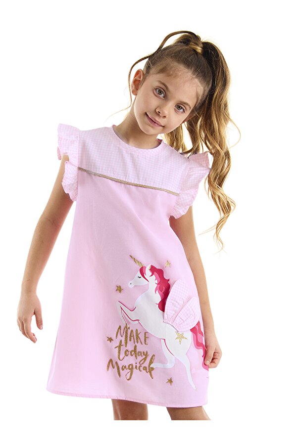Kanatlı Unicorn Ekoseli Kız Çocuk Pembe Elbise