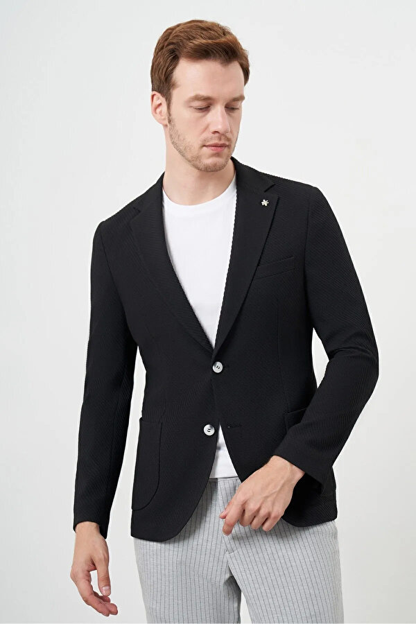 Erkek Dokuma Slim Fit Torba Cep Mono Yaka Spor Ceket 24YS002010 Siyah