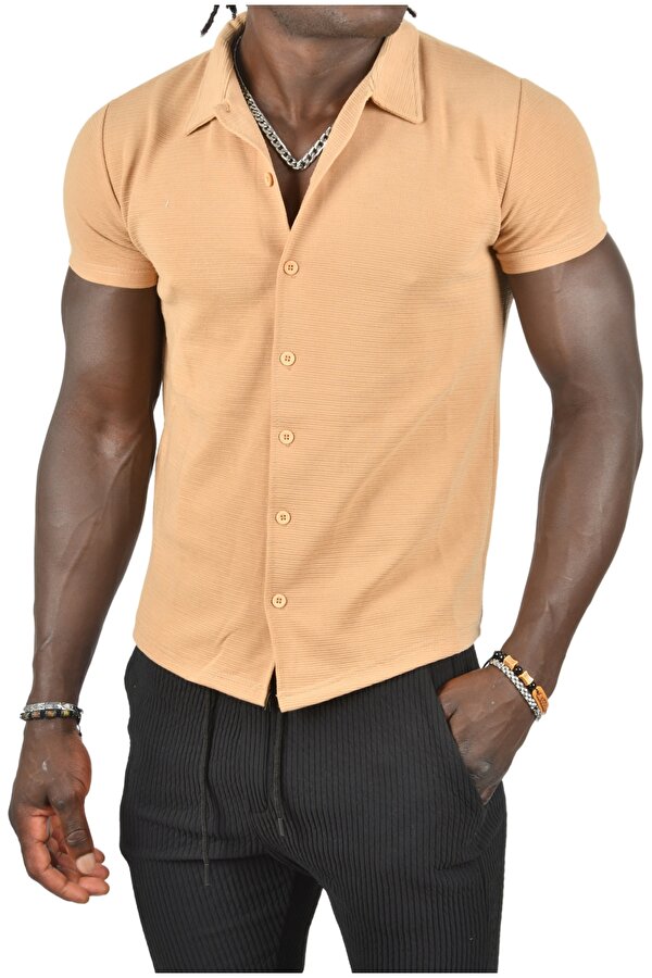 DeepSEA Erkek Kahve Slim Fit Likralı Yatay Çizgi Desenli Kısa Kollu Gömlek 2403241