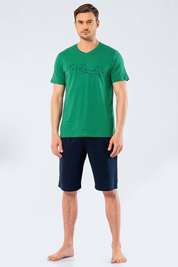 Erkek Baskılı V Yaka Bermuda Şort Pijama Takım