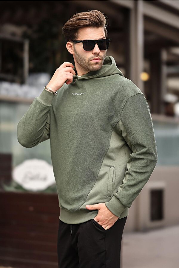Haki Kapüşonlu Cep Detaylı Nakışlı Erkek Sweatshirt 7050