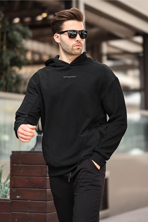 Siyah Kapüşonlu Cep Detaylı Nakışlı Erkek Sweatshirt 7050