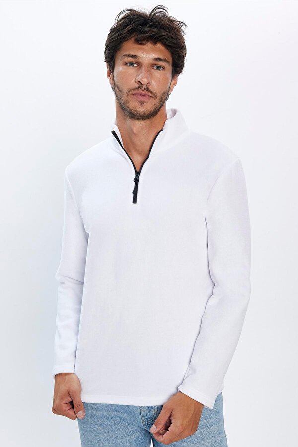 Erkek Standart Fit Rahat Kesim Tüylenme Yapmayan Soğuk Geçirmez Ekru Dik Yaka Polar Sweatshirt