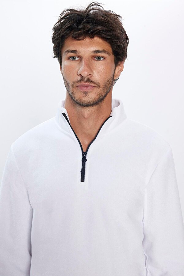 Erkek Standart Fit Rahat Kesim Tüylenme Yapmayan Soğuk Geçirmez Ekru Dik Yaka Polar Sweatshirt