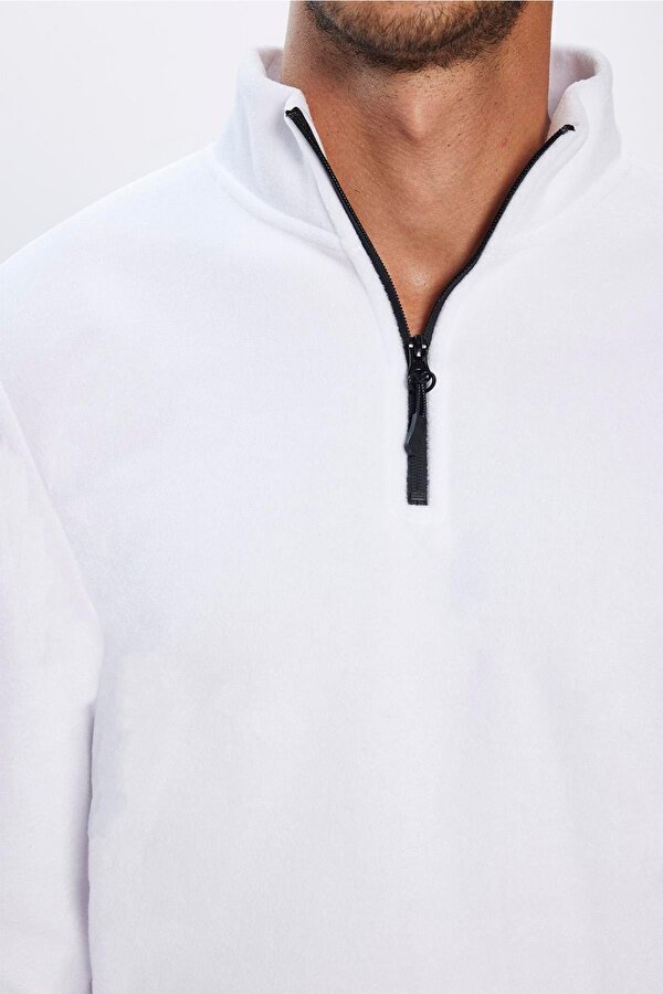 Erkek Standart Fit Rahat Kesim Tüylenme Yapmayan Soğuk Geçirmez Ekru Dik Yaka Polar Sweatshirt