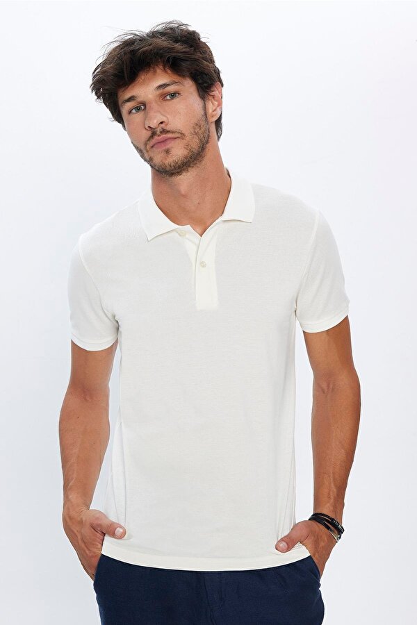 Erkek Slim Fit Dar Kesim %100 Pamuk Yumuşak Dokulu Düz Pike Ekru Polo Yaka Tişört