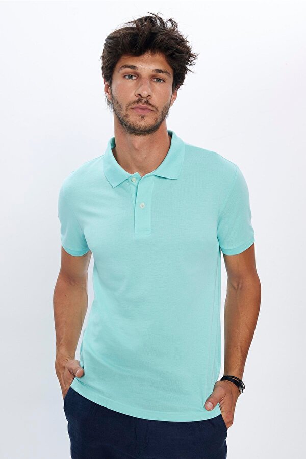 Erkek Slim Fit Dar Kesim %100 Pamuk Yumuşak Dokulu Düz Pike Mint Renk Polo Yaka Tişört