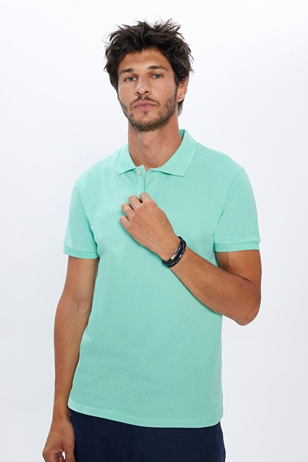 Erkek Slim Fit Dar Kesim %100 Pamuk Yumuşak Dokulu Düz Pike Yeşil Polo Yaka Tişört