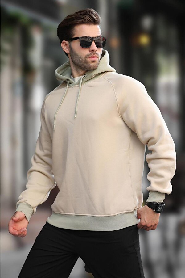 Bej Renk Bloklu Kapüşonlu Sweatshirt 7073