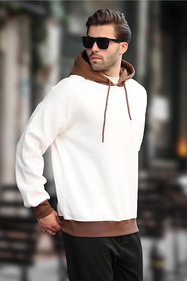 Ekru Renk Bloklu Kapüşonlu Sweatshirt 7073