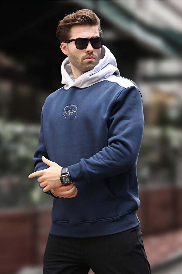 Lacivert Kapüşonlu Renk Bloklu Nakış Detaylı Erkek Sweatshirt 7088