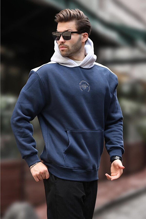 Lacivert Kapüşonlu Renk Bloklu Nakış Detaylı Erkek Sweatshirt 7088