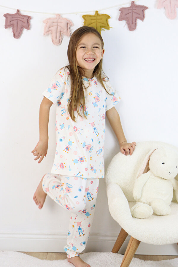 Kız Çocuk Pamuklu Penye Kumaş Baskılı Pijama Takımı