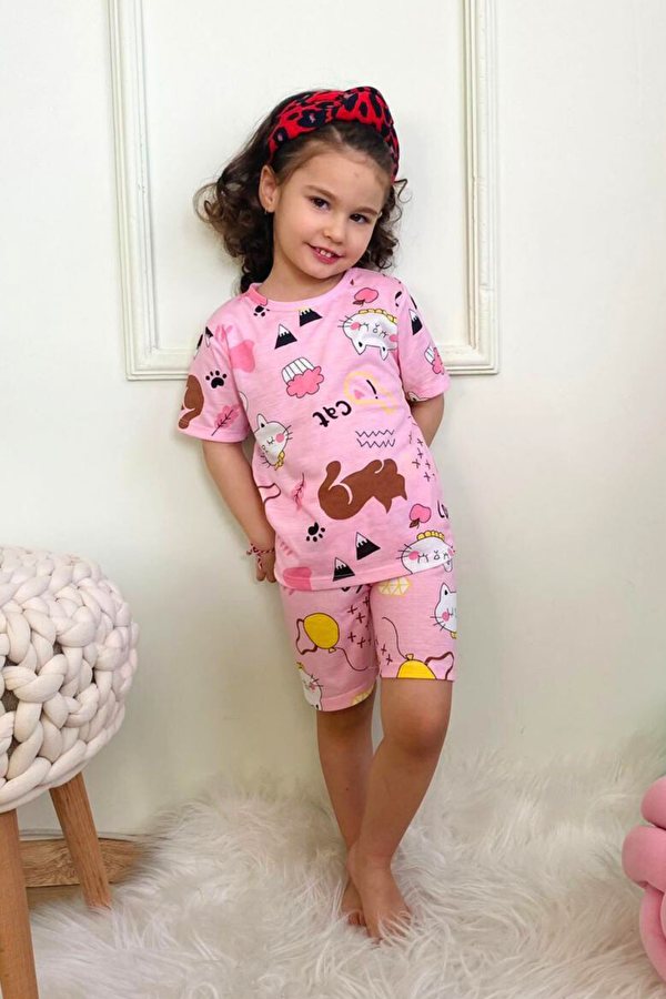 Kız Çocuk Pamuklu Penye Kumaş Şortlu Pijama Takımı