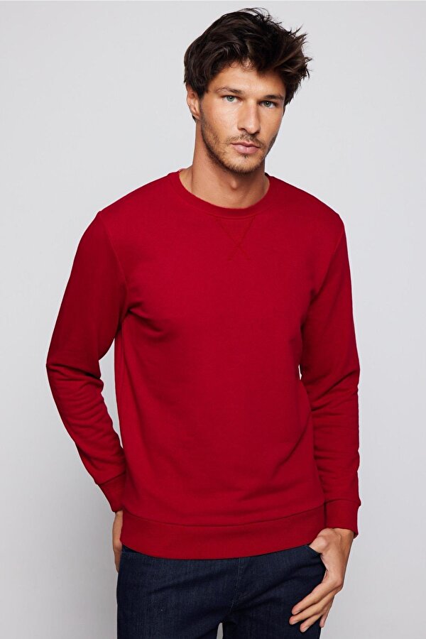 Unisex Relax Fit Rahat Kesim Pamuklu Basic Kırmızı Bisiklet Yaka Sweatshirt