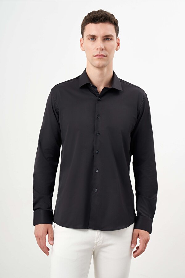 Erkek Siyah Basic Düz Desen İtalyan Yaka Slim Fit Gömlek
